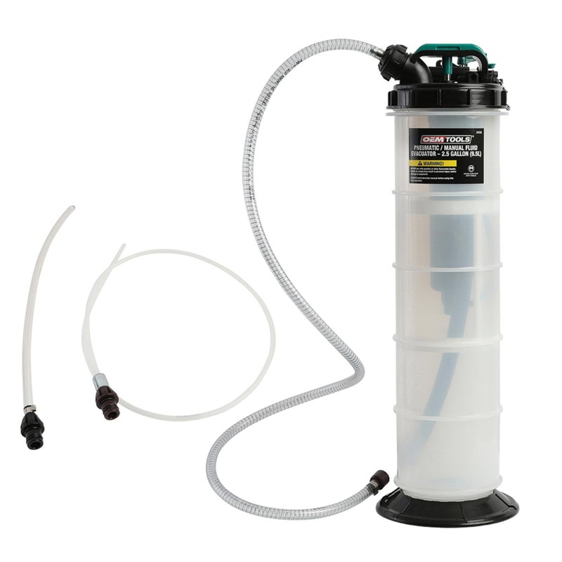 OEMTOOLS 24938 Pneumatic/Manual Fluid Extractor, 2.5 Gallon (9.5L) Oil Extractor Pump, for Coolant, Transmission, and Power Steering Fluid, 2 Dipstick Adapters, 5ft Hose - Image 1